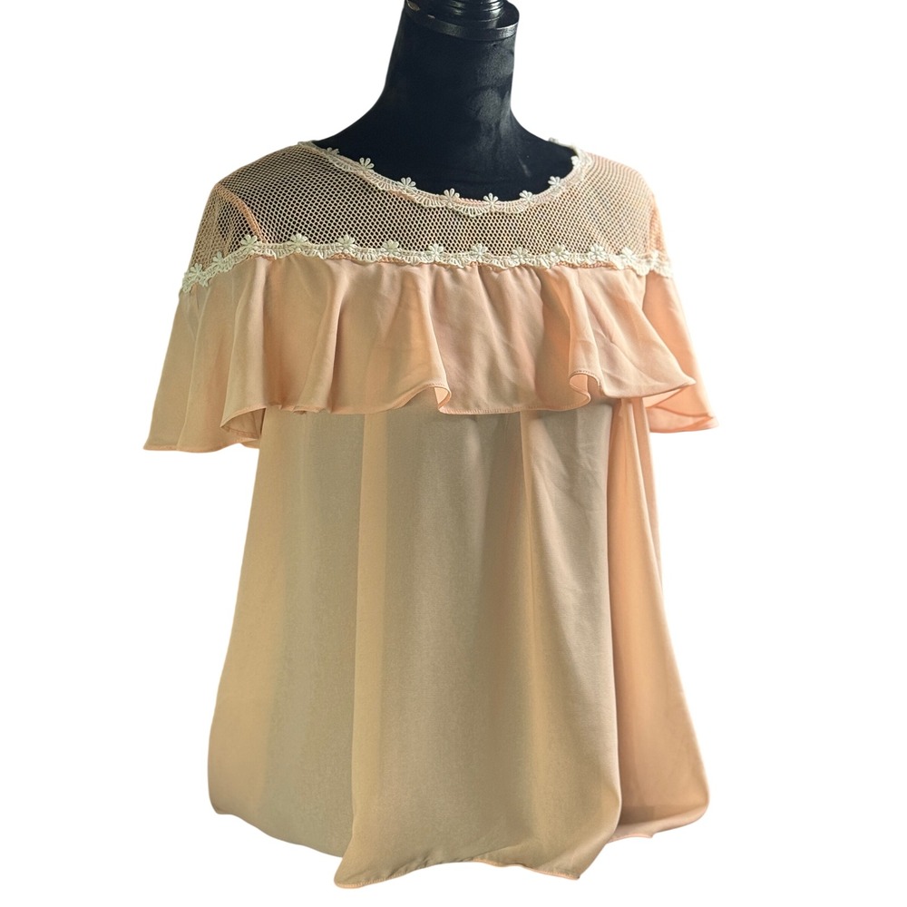 Love J Ruffle Mesh Lace Blouse XL Peach